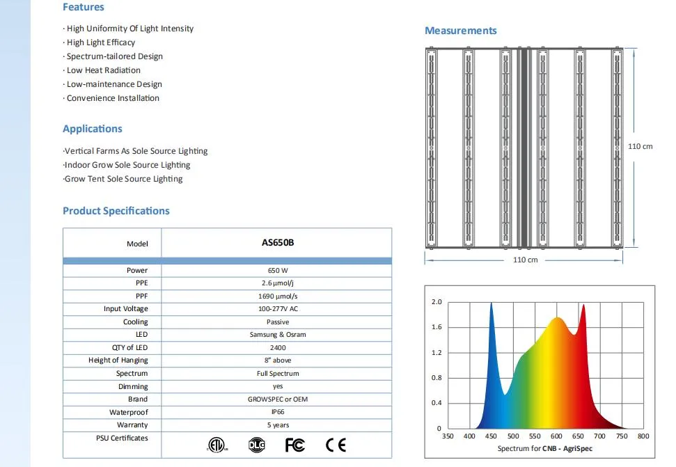 650W Aluminum High Power LED Grow Light for Vertical Farm Horticultural
