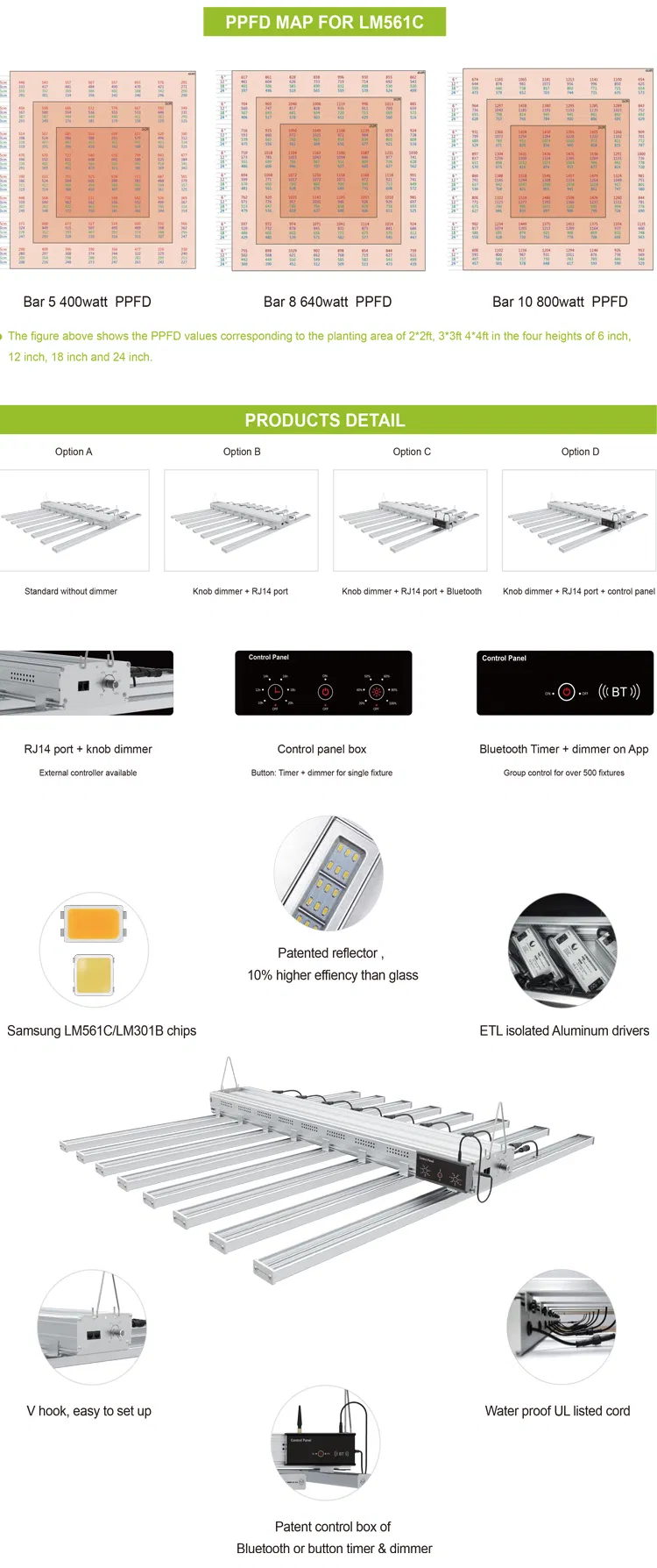 Full Spectrum Samsung Lm301h 645W 800W LED Grow Light with 0-10V Dimming 5-Year Warranty