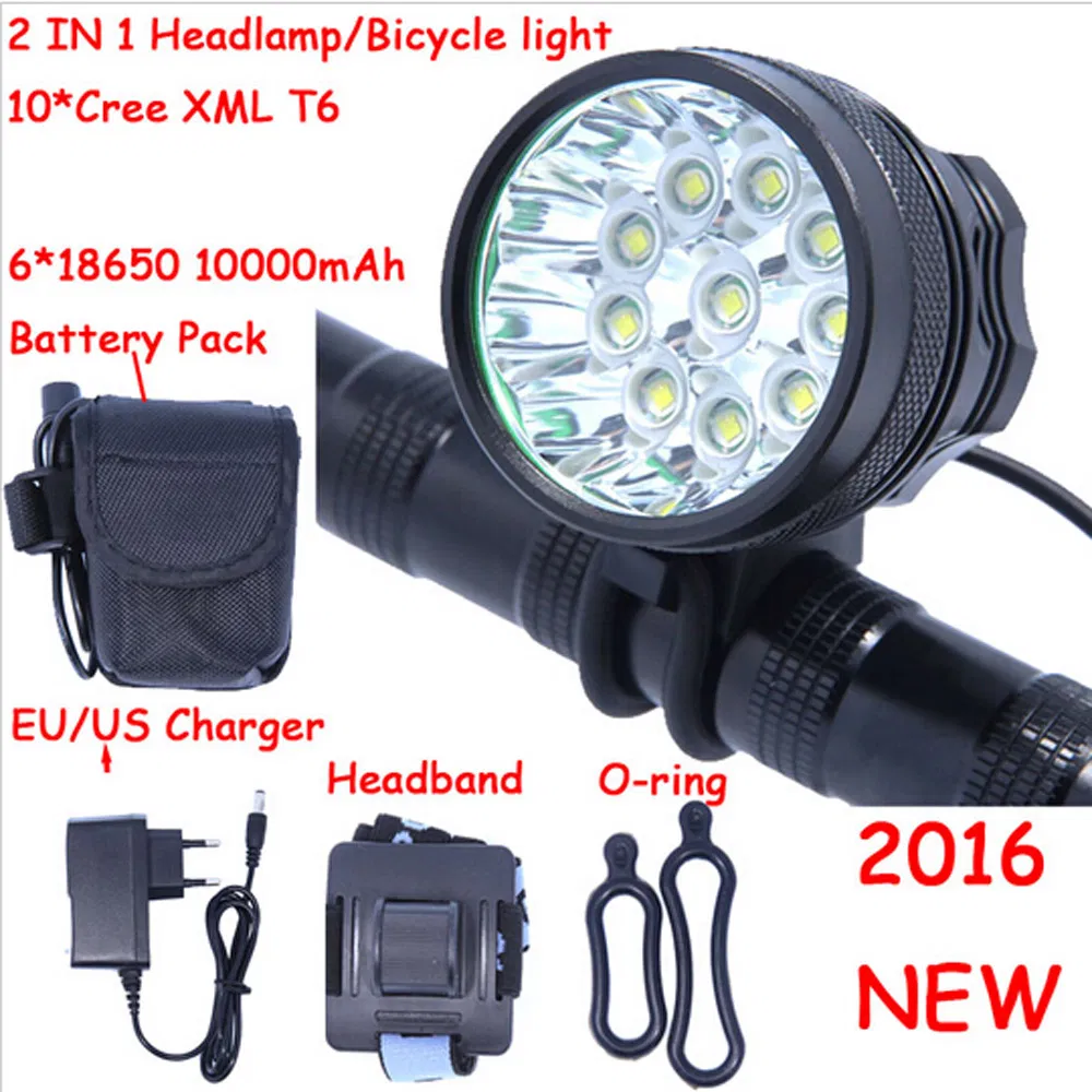 Waterproof 18000lm Max Cool White Long Shot Xml 10 LED CREE T6 Bike Light
